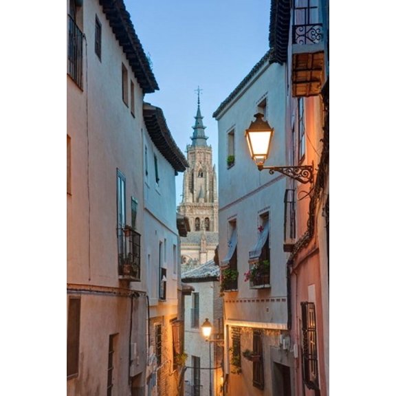 Alleyway and Toledo Cathedral Steeple Toledo Spain Canvas Art - Rob Tilley  DanitaDelimont (19 x 29)