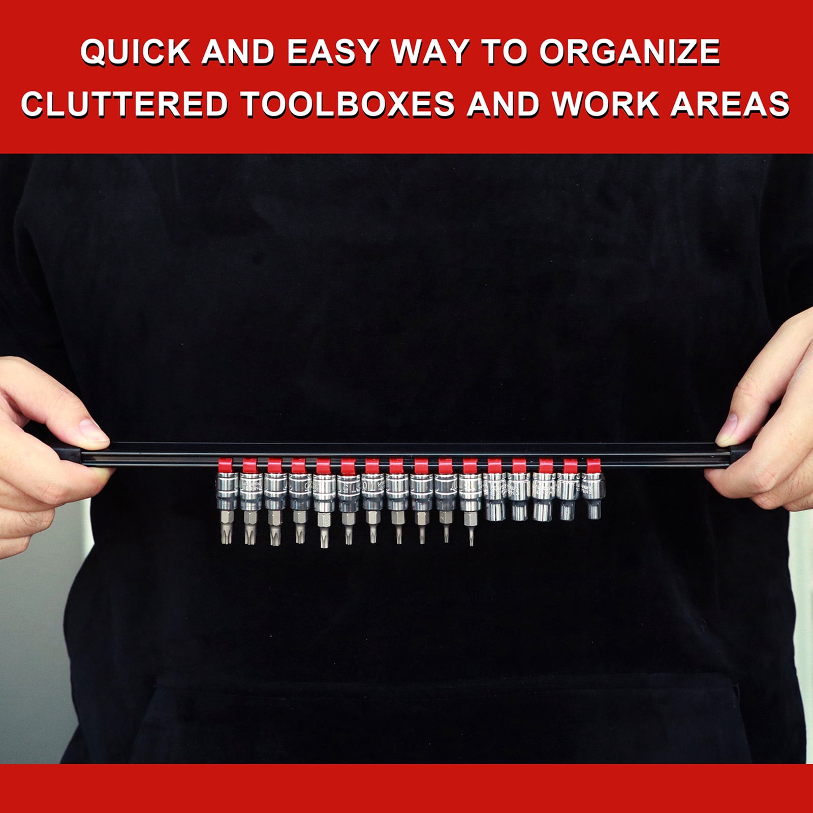 CASOMAN 12-Piece ABS Socket Organizer Set, Socket Holder Rail with 174 Clips, 1/4" 3/8" 1/2" Drive, Blue Red Black for Tool Box & Drawer Storage