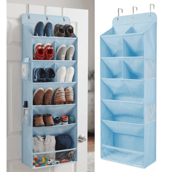 Homelux Theory 6 Tier Over the Door Shoe Organizer, Hanging Shoe Rack for Closet and Entryway, Deep Pockets, Holds 18 Pairs (Blue)