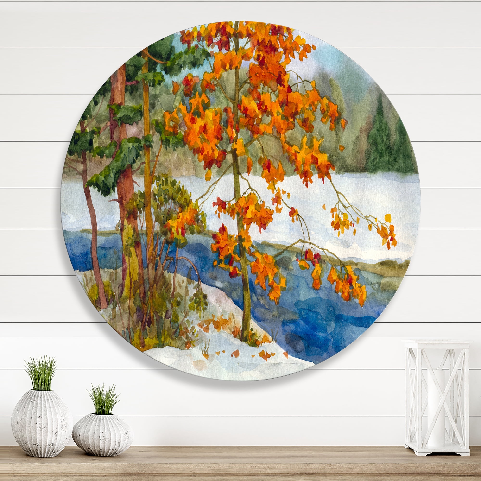 Designart 'Stream Through The Winter Forest I' Lake House Circle Metal Wall Art 23x23 - Disc of 23
