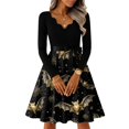 thumbnail image 6 of Women's Halloween Dress Bat 1950s V-Neck Fashion Swing Dress Bone Cocktail Long Sleeve Novelty Dresses with Belt L, 6 of 7