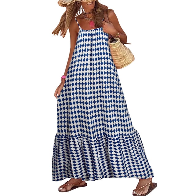 xiaxaixu Femmes Longue Robe Boho Sans Manches Imprimé Été en Vrac Spaghetti Sangle Robe de Soirée pour Cocktail Plage Streetwear