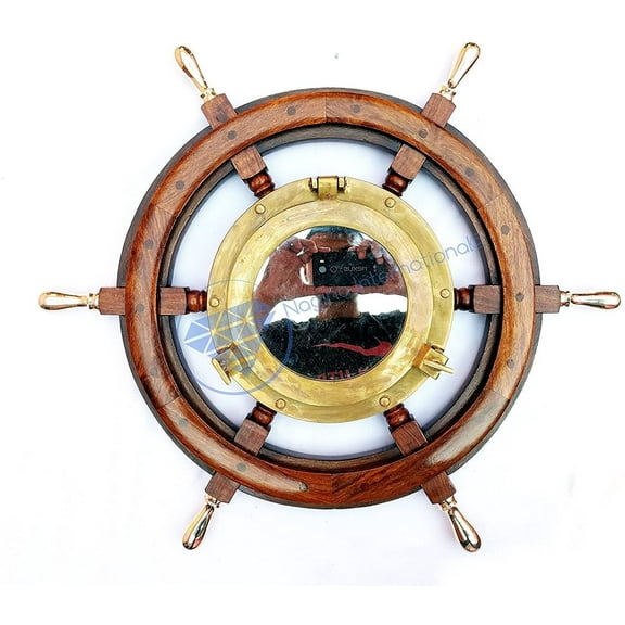 Nagina International Nautical Hand Crafted Wooden Ship Wheel with Antique Brass Porthole Mirror (42 Inches)