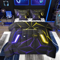 Feelyou Purple Game Console Bedding Comforter Set 7 Pieces for Kids, Neon Glowing Honeycomb Full Bedding Set, Gaming Gamer Reversible Fitted Sheet Flat Sheet, Breathable Home Decor