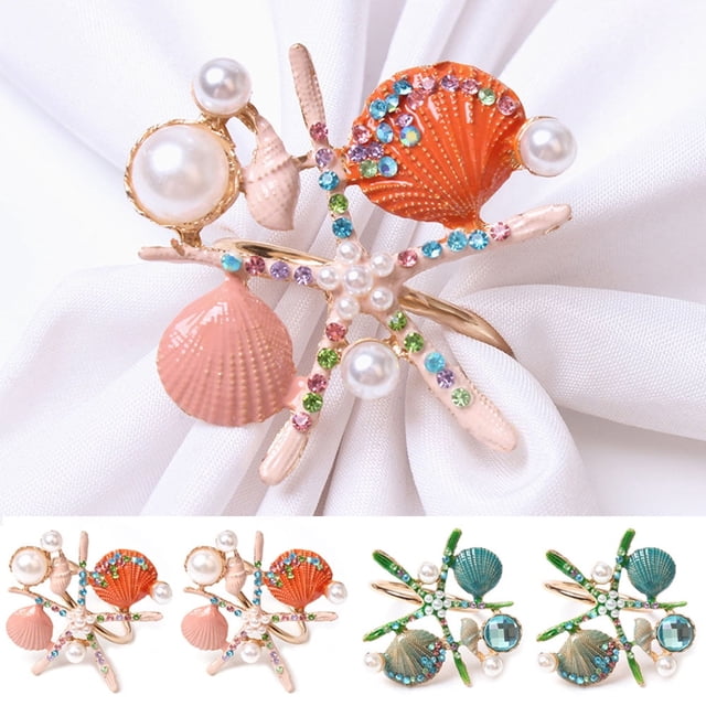 2 anillos para servilletas con forma de estrella de mar de cristal, con diseño de perla, diamantes de imitación, estilo náutico costero, hebilla de concha para bodas, fiestas, decoración de mesas de