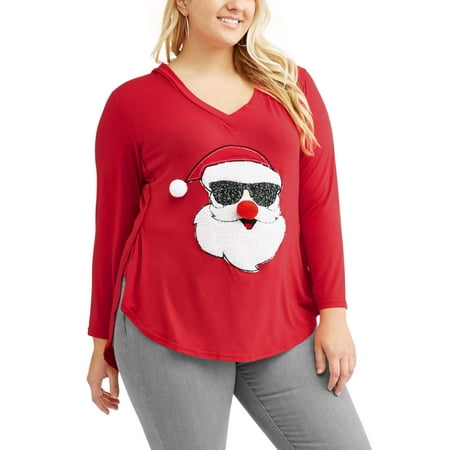 Junior's Plus Long Sleeve Hooded Santa Knit Top