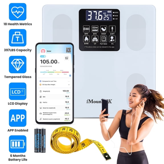Imountek Smart Body Composition Scale, High Precision Digital Bathroom Scale with APP Data Tracking, 397lbs Capacity, 4mm Tempered Glass & LCD Display for Home Daily Use