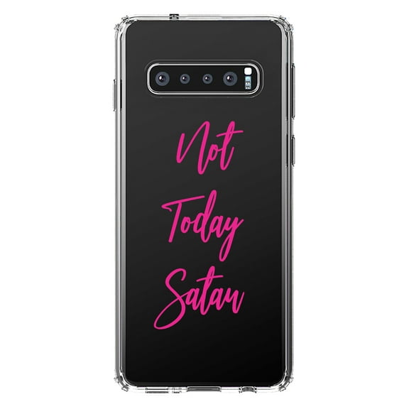DistinctInk Clear Shockproof Hybrid Case for Samsung Galaxy S10 (6.1" Screen) - TPU Bumper Acrylic Back Tempered Glass Screen Protector - Not Today Satan - Hot Pink