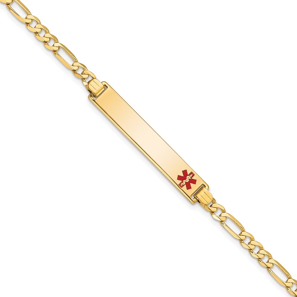 Auriga Fine Jewelry 14K Yellow Gold Red Enamel Flat Figaro Link Id Bracelet 7 inch for Women(L- 7inch, W- 6.5mm)