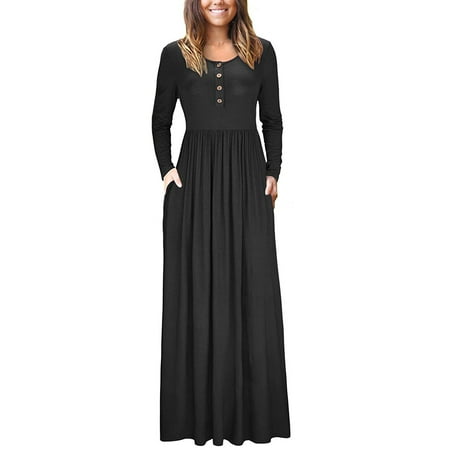 Clearance Women Girl O-neck Button Autumn Winter Spring Long Maxi Dresses Long Sleeve Dress for (Best Dresses To Wear To A Winter Wedding)