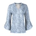 thumbnail image 3 of Women's Long Sleeve T-shirt 3/4 Length Sleeve Womens Tops V Neck Spring Shirts 2025 Petal Bell Sleeve Plus Size Boho Ethnic Style Tee Shirts,Blue Women's Long sleeve T-shirt XXL, 3 of 6