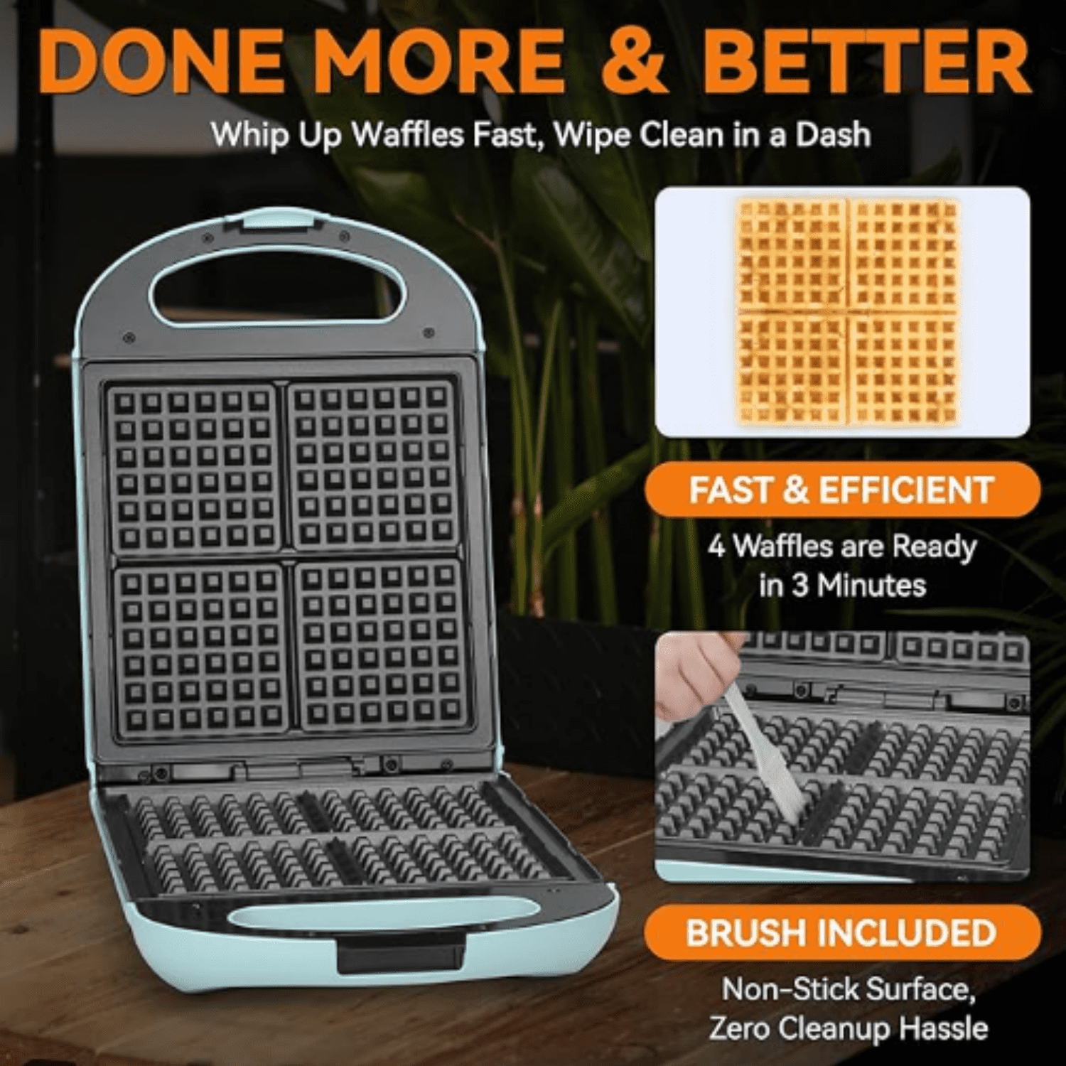 Belgian Waffle Maker, Square Waffle IronNon Stick Cooking Plate, Classic & Multi Waffle Makers, 4-Slice, Aqua