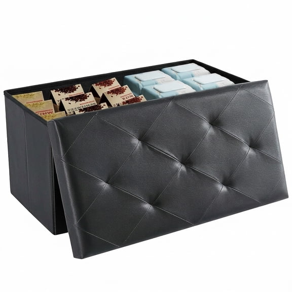 Casabay Foldable Ottoman Storage Bench, Thick Foam Cushioned Storage Chest Foot Stool for Bedroom Entryway, Black