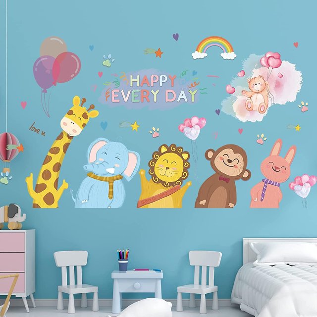 Tz-animal6Pegatinas de pared de animales, decoración de elefante, león, mono, conejo, jirafa, oso, decoración de pared artesanal, decoración de guardería, decoración del hogar extr