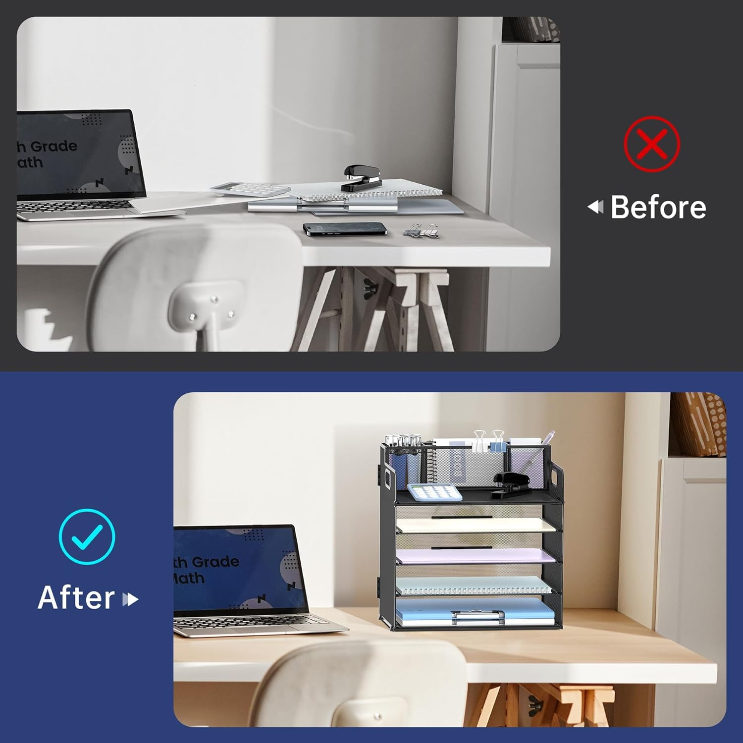 INTIGE 5 Trays Paper Organizer with 3 Pencil Holders-Letter Tray Desk Organzier with Handle (Black)