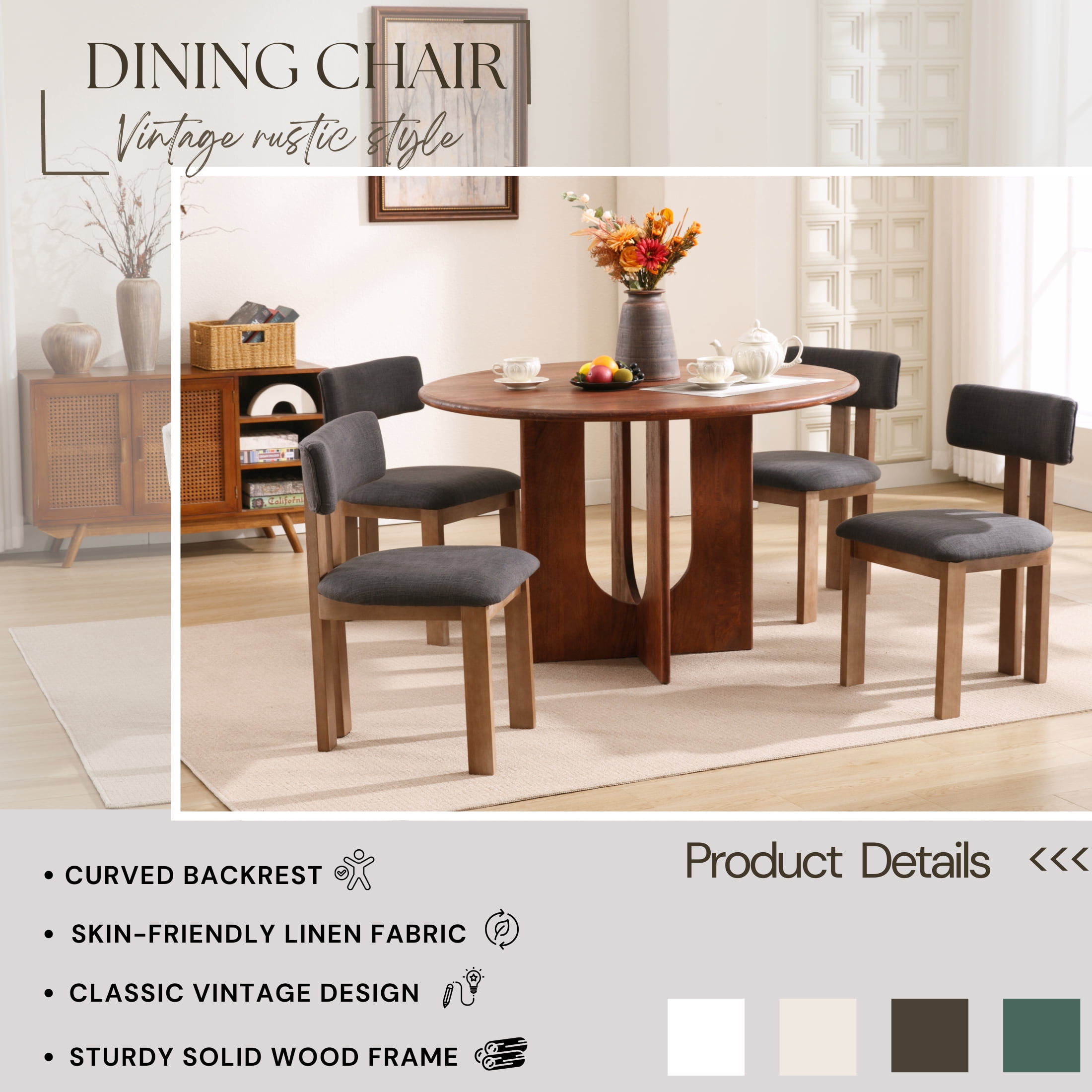 Guyou Wooden Dining Chairs Set of 4, Mid Century Modern Linen Upholstered Dining Side Chairs, Farmhouse Kitchen Chairs with Curved Back for Kitchen Dining Room Living Room, Charcoal