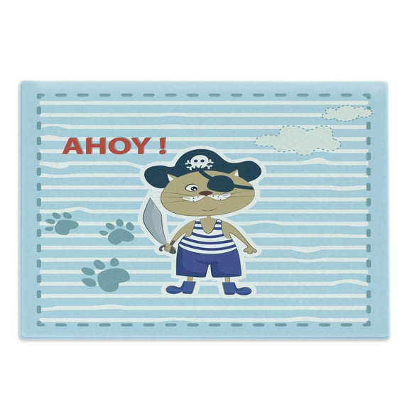 Ahoy Its a Boy Cutting Board, Cat Pirate Funny Paws Clouds Maritime Striped Framework, Decorative Tempered Glass Cutting and Serving Board, Large Size, Violet Blue Turquoise, by Ambesonne