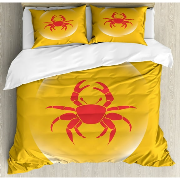 Crabs Duvet Cover Set King Size, Crab Icon in an Abstract Bubble on Yellow Background Seafood Theme, Decorative 3 Piece Bedding Set with 2 Pillow Shams, Marigold Dark Coral White, by Ambesonne