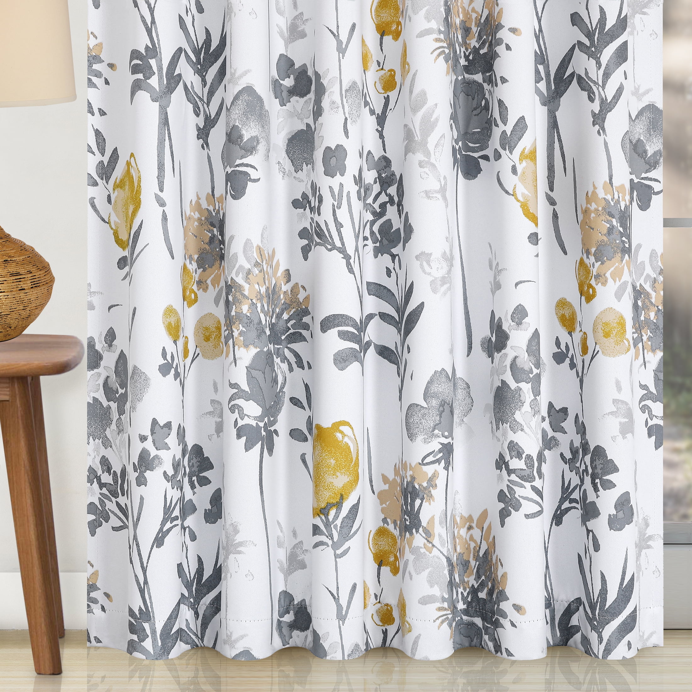 Decoultimatex Watercolor Gray Yellow Floral Full Blackout Window Curtain Panels for Living Room Energy Efficient Thermal Insulated Rod Pocket Drapes, 52"x 84"x 2