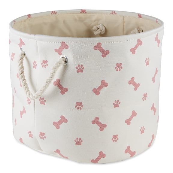 Contemporary Home Living 15" White and Pink Decorative Round Medium Lattice Paw and Bone Pet Storage