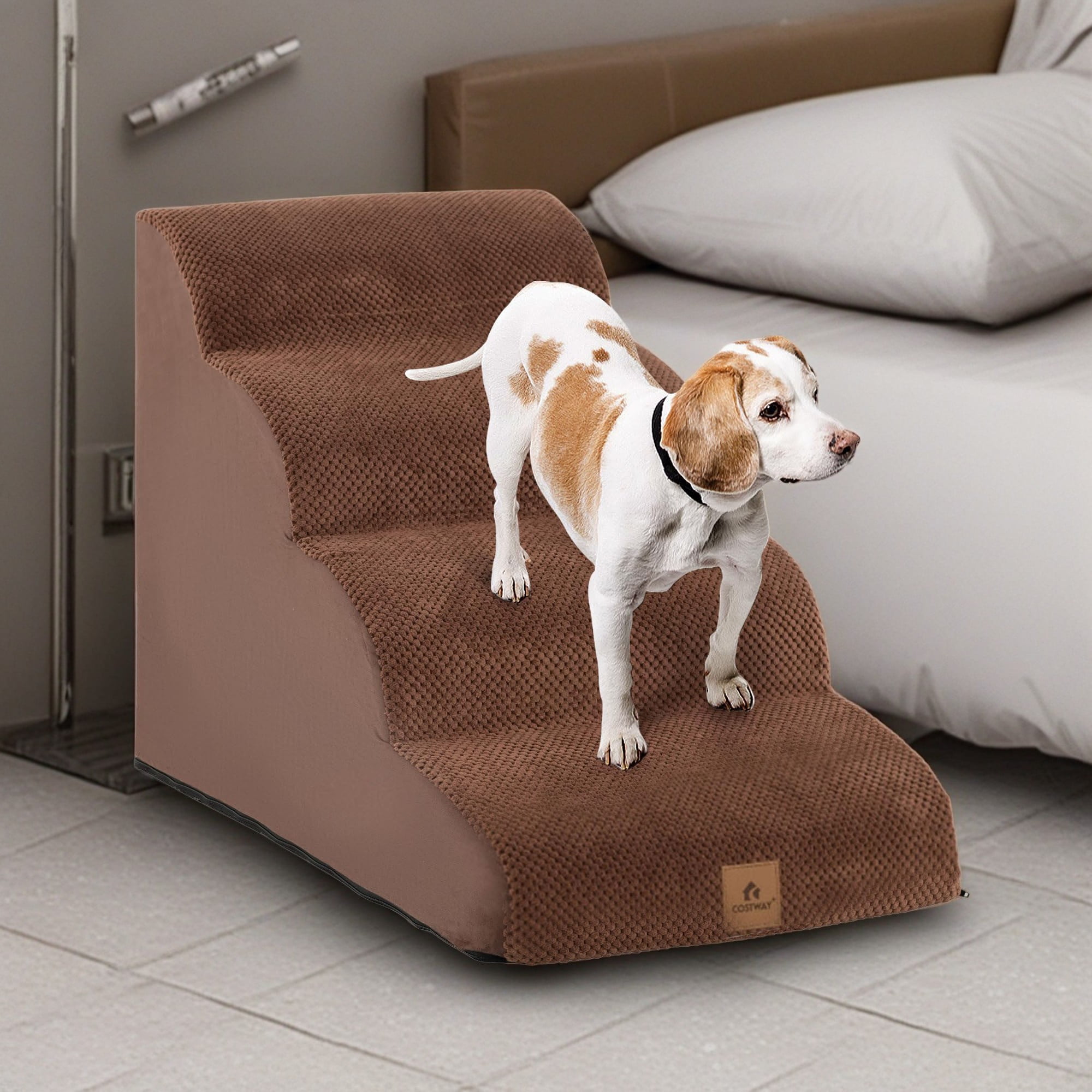 resenkos 28" Dog Stairs for Small Pets with High-Density Sponge and Silicone Paw Prints, 4-Step Dog Ramp for Beds and Couch, Brown