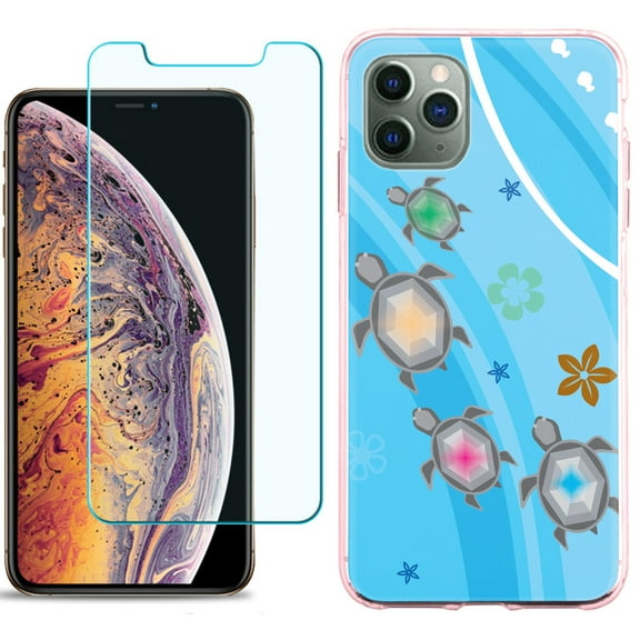 For Apple iPhone 11 PRO Case, Slim-Fit TPU Protective Phone Case (Pink Bezel) with Tempered Glass Screen Protector, by OneToughShield ® - Happy Turtle