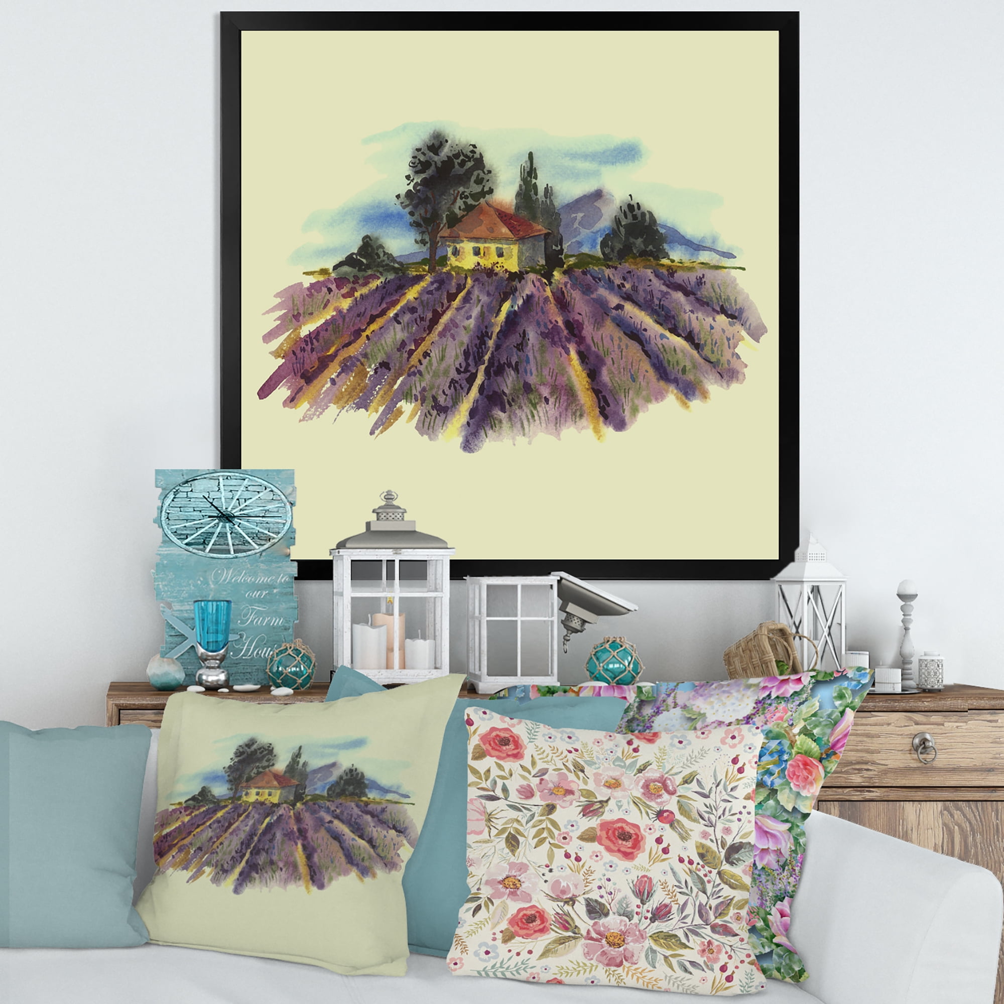 Designart 'Landscape With Blooming Lavender and Village House' Traditional Framed Art Print