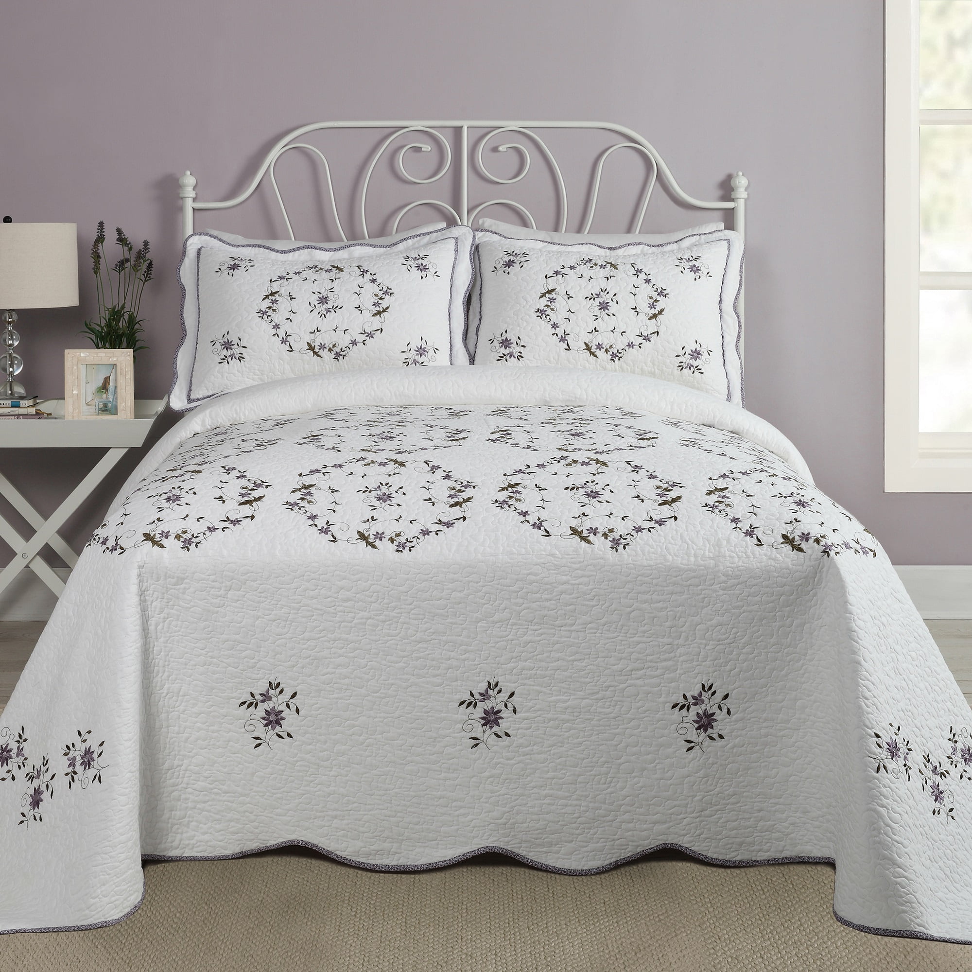Modern Heirloom Gwen White/Purple Floral Embroidered Pillow Sham, King, All Ages