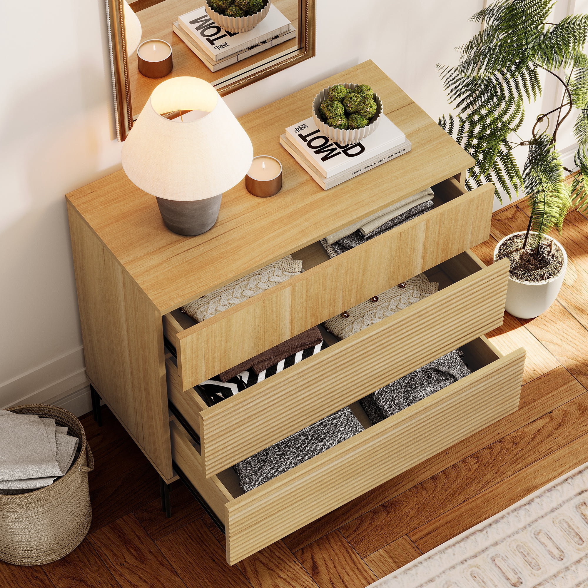 3 Drawer Reeded Dresser for Bedroom Set of 2, Minimalist Modern Chest of Drawers, Wood Storage 6 Drawer Dresser Organizer for Bedroom Living Room Hallway Closet