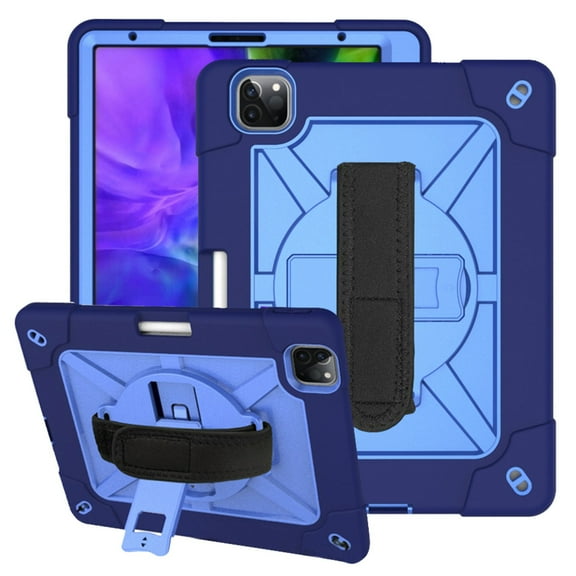 Dteck Cover for iPad Pro 11 2nd Gen 2020 with Screen Protector, Heavy Duty Full-Body Hybrid Rugged Case with 360 Degree Rotating Kickstand Hand Strap, Navy/Blue