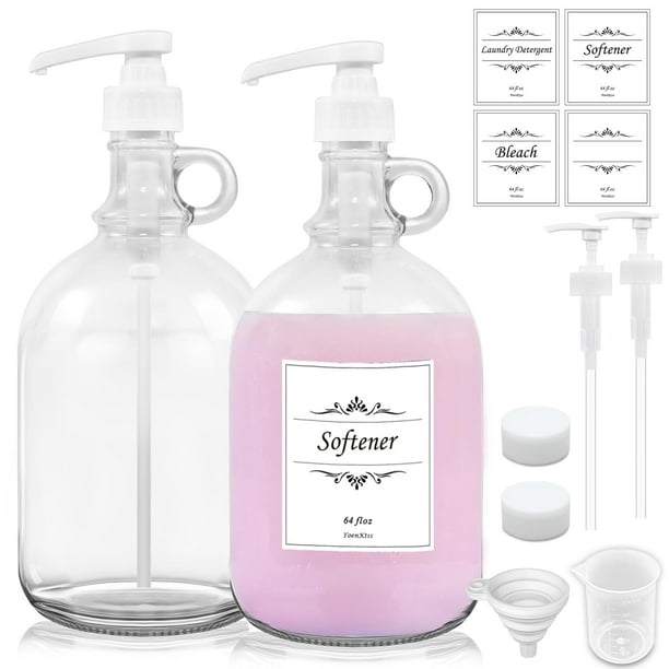 Dispensador de detergente para ropa, paquete de 2 botellas de vidrio de 1,9 L con bomba