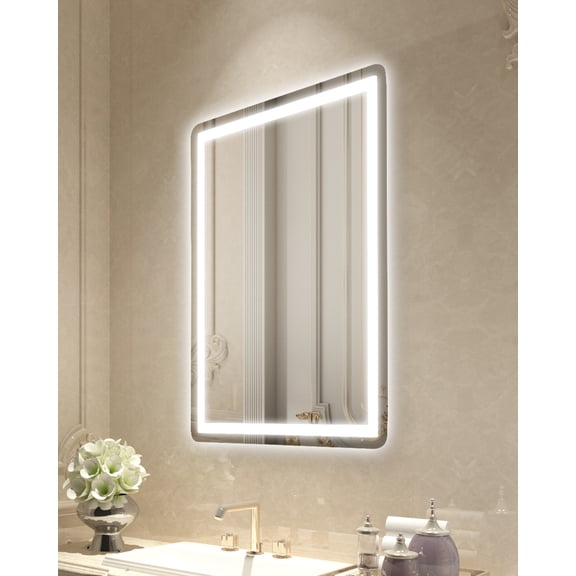 KFFKFF Illuminated Bathroom Mirror, 24" x 32" Vanity Mirror with Front and Rear Lighting, Anti-Mist Memory Mirror with Illumination, Gradual 3 Colors Temperature Adjustable Bathroom Mirror