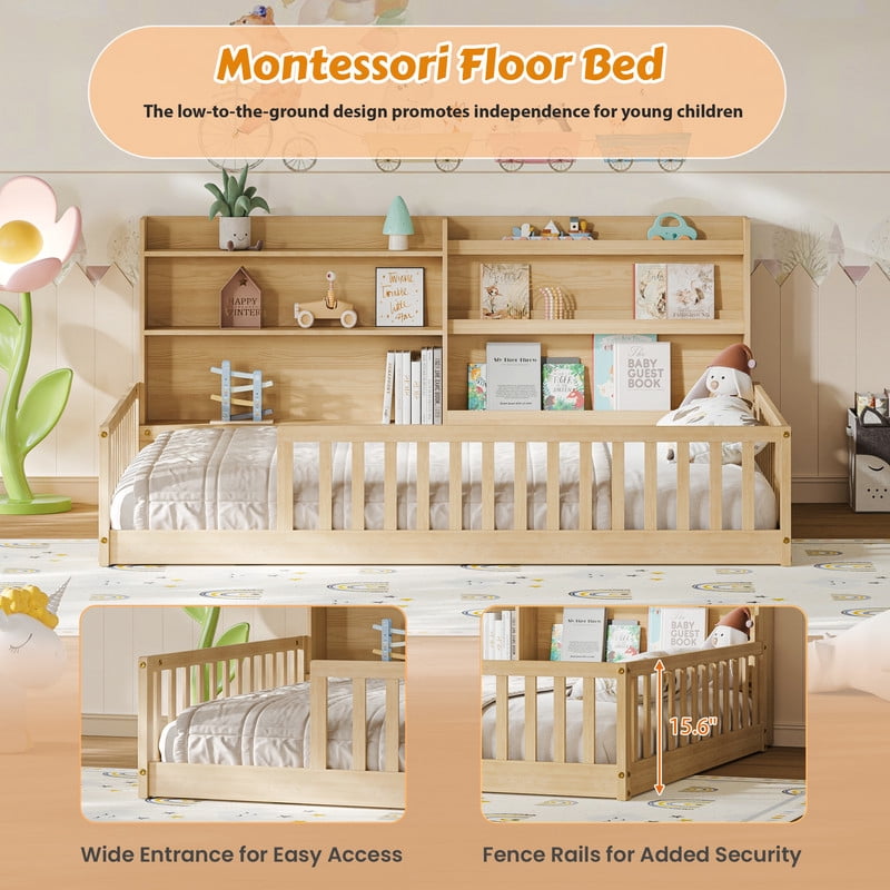 Full Size Kids Montessori Floor Bed with Bookshelf & Safety Guardrail, Wood Low-Profile Platform Bed Frame with Slats