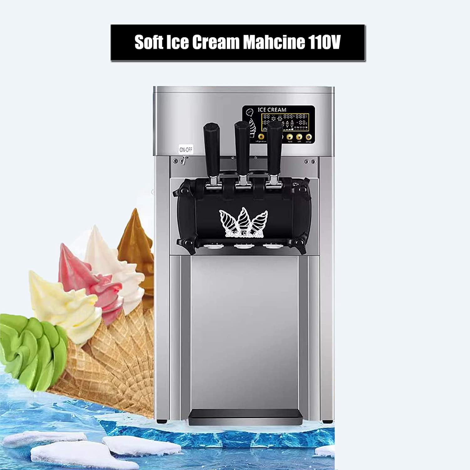 INTSUPERMAI 3 Flavors Soft Ice Cream Maker Frozen Cones Making Machine LED Display Stainless Steel 16-18L/H