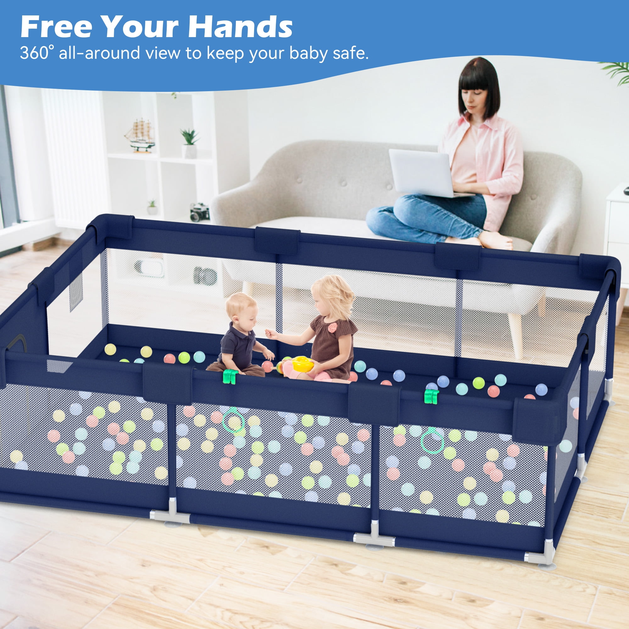 babyeap Baby Playpen,71*50 Inch Extra Large Baby Playards for Babies and Toddlers,Fence Baby Play Yards for Indoor & Outdoor with Breathable Mesh,Navy Blue