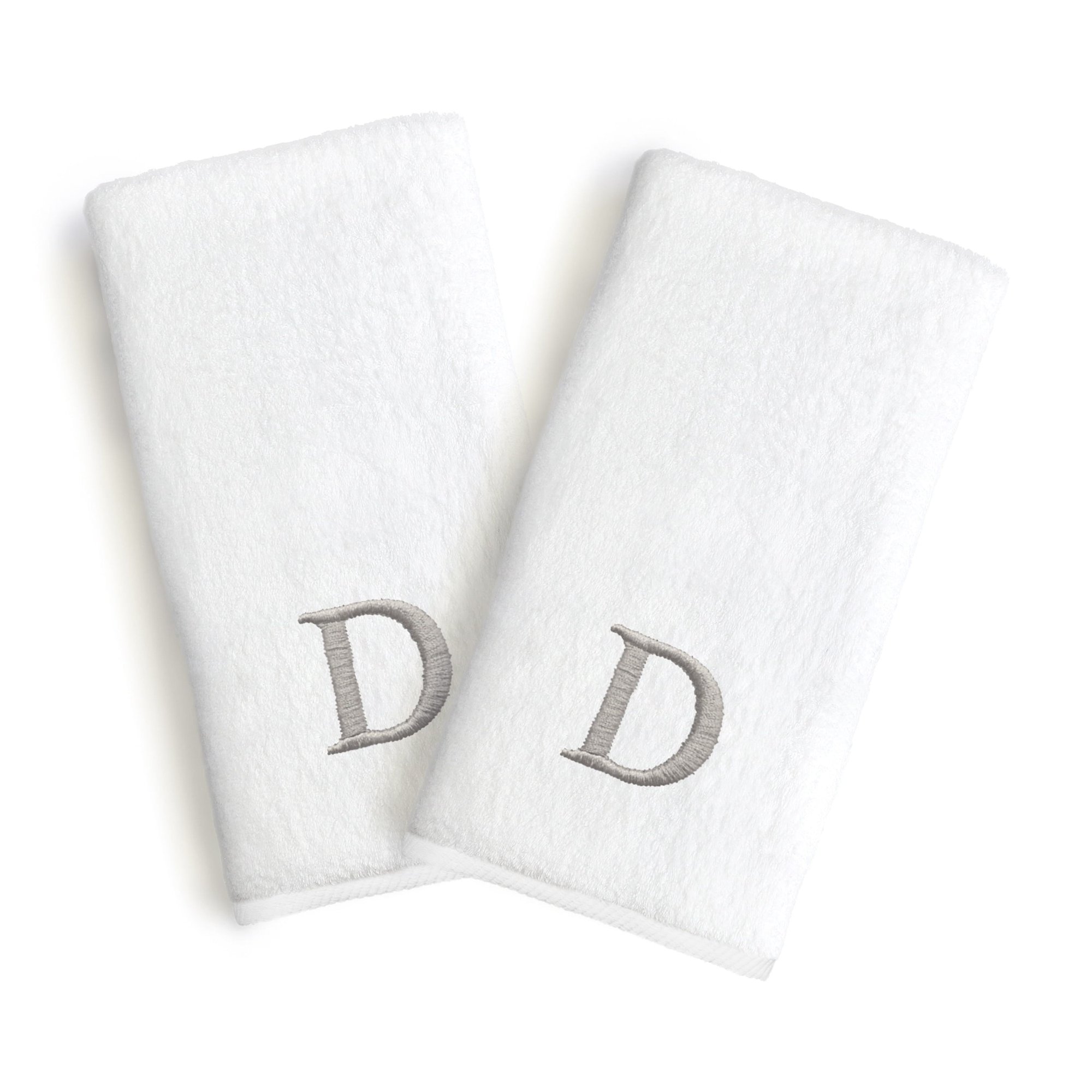 Authentic Hotel and Spa 2-piece White Turkish Cotton Hand Towels with Grey Block Monogrammed Initial White/D
