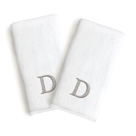 Authentic Hotel and Spa 2-piece White Turkish Cotton Hand Towels with Grey Block Monogrammed Initial White/D