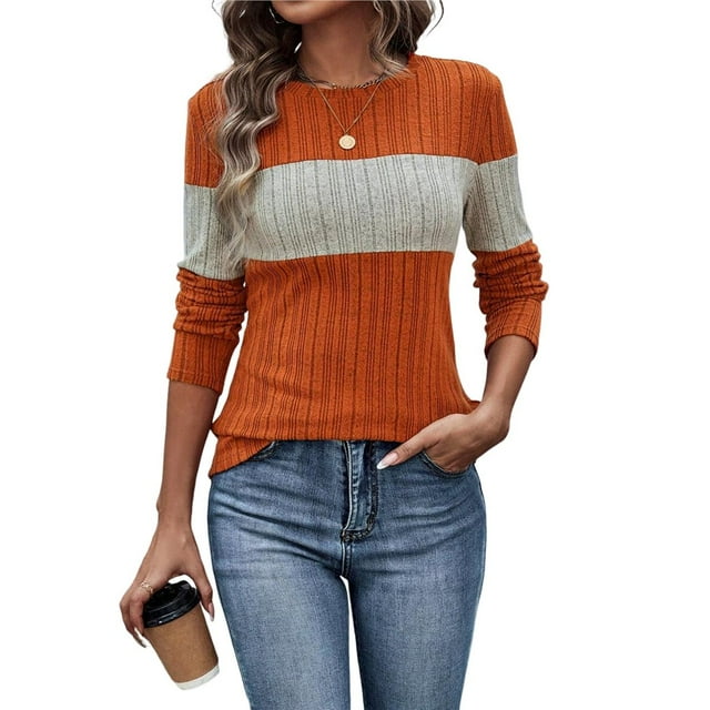 Blusas de Larga con Bloques de Color para Mujer, Conjuntos de Otoño, Suéteres de Invierno y Moda de Principios de Otoño. Naranja S