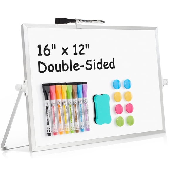 Double-Sided Magnetic Whiteboard Desktop Whiteboard with Stand, 16"X12" Dry Erase White Board, Small White Board Portable White Board Easel for Memo to Do List Desk Office with 8 Markers & 8 Magnets