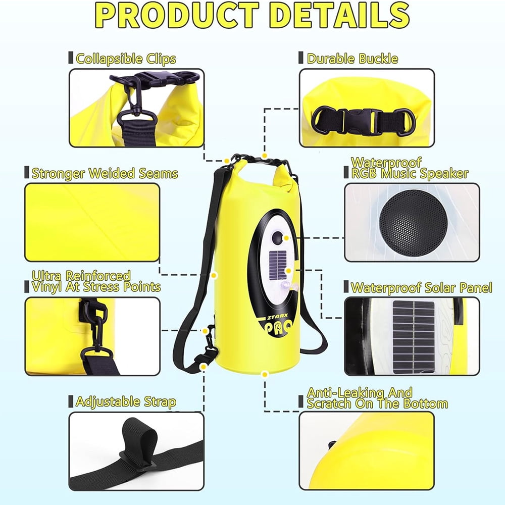 Solar/Battery Powered Multi-Functional Waterproof Backpack, Bluetooth Speaker, IP66 Waterproof Dry Bag, Heavy Duty Roll Top Closure, Large Capacity Bag for Camping, Hiking, Traveling (Orange 10L)