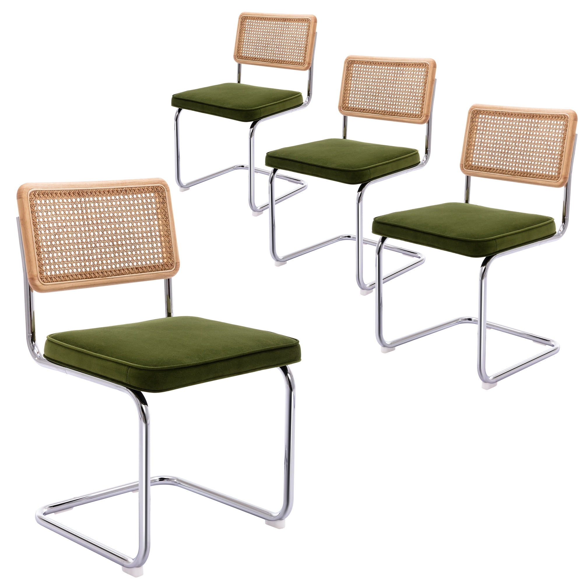 Zesthouse Rattan Dining Chairs Set of 4, Velvet Upholstered Dining Chairs with Cane Back and Chrome Legs, Mid Century Modern Kitchen Side Chairs for Living Room, Green