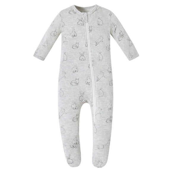 Owlivia Organic Cotton Baby Pajamas, Boys Girls Zip Front Sleep 'N Play, Footed Sleeper, Long Sleeve(0-3 Months, Gray Rabbit)