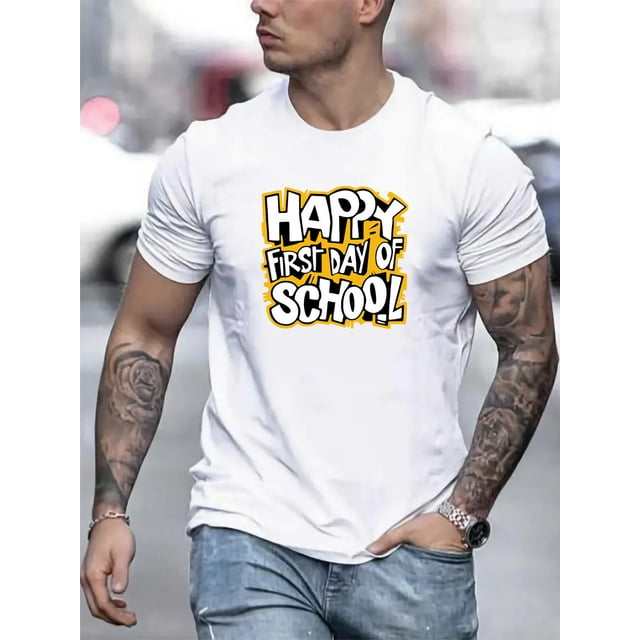 Camiseta de manga corta con estampado "FELIZ PRIMER DÍA DE CLASES" para hombre, nueva tendencia de verano, holgada, deportiva, de cuello redondo, cómoda para uso diario.