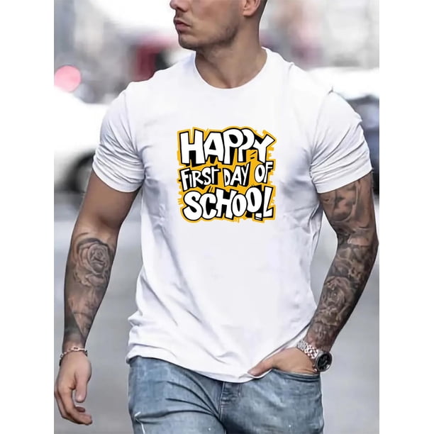 HAPPY FIRST DAY OF SCHOOL Print Men's Short Sleeve, New Summer Trend, Leisure Sports Loose Fashion Crew Neck T-shirt, Comfortable Top For Daily Wear Tee For Adult, Men, Women, Teen, Teenager, Adolesc