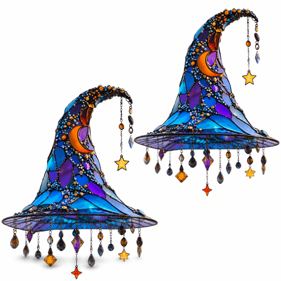 Florenta New Moonlight Witch Window Hanging Sun Catcher Decor,Stained Glass Witch Hat Lamp for Indoor,Acrylic Halloween Easter Gift