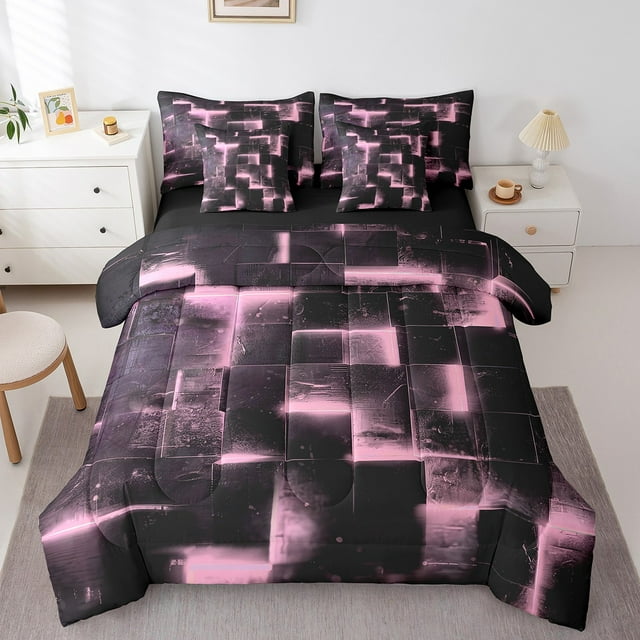 YST Ensemble de Literie Noir et Rose, 7 Pcs, Abstrait Moderne, Grand Lit