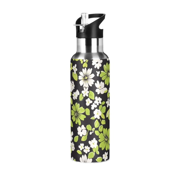 Yayeee 20oz Insulated Water Bottle Double Wall Stainless Steel with Flip Straw Lid, Green Flower Pattern