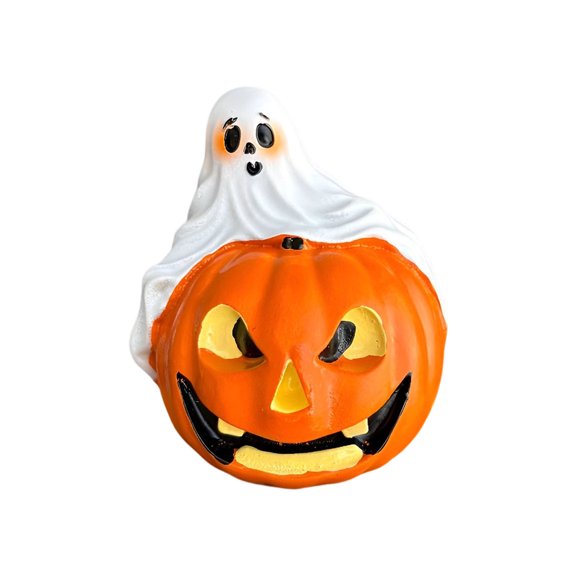 DVKOVI Ghost on Jack O Lantern Resin Statue Cute Halloween Pumpkin Ghosts Tabletop Figurine indoor Desk Home Party Decor