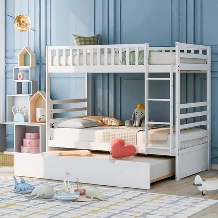 Twin over Twin Size Bunk Bed with Trundle Bed  Wood Bunk Bed Frame with Headboard Slats and Ladder  Space Saving 3-in-1 Bunk Beds with Safe Guardrails for Kids Teens Bedroom  Espresso
