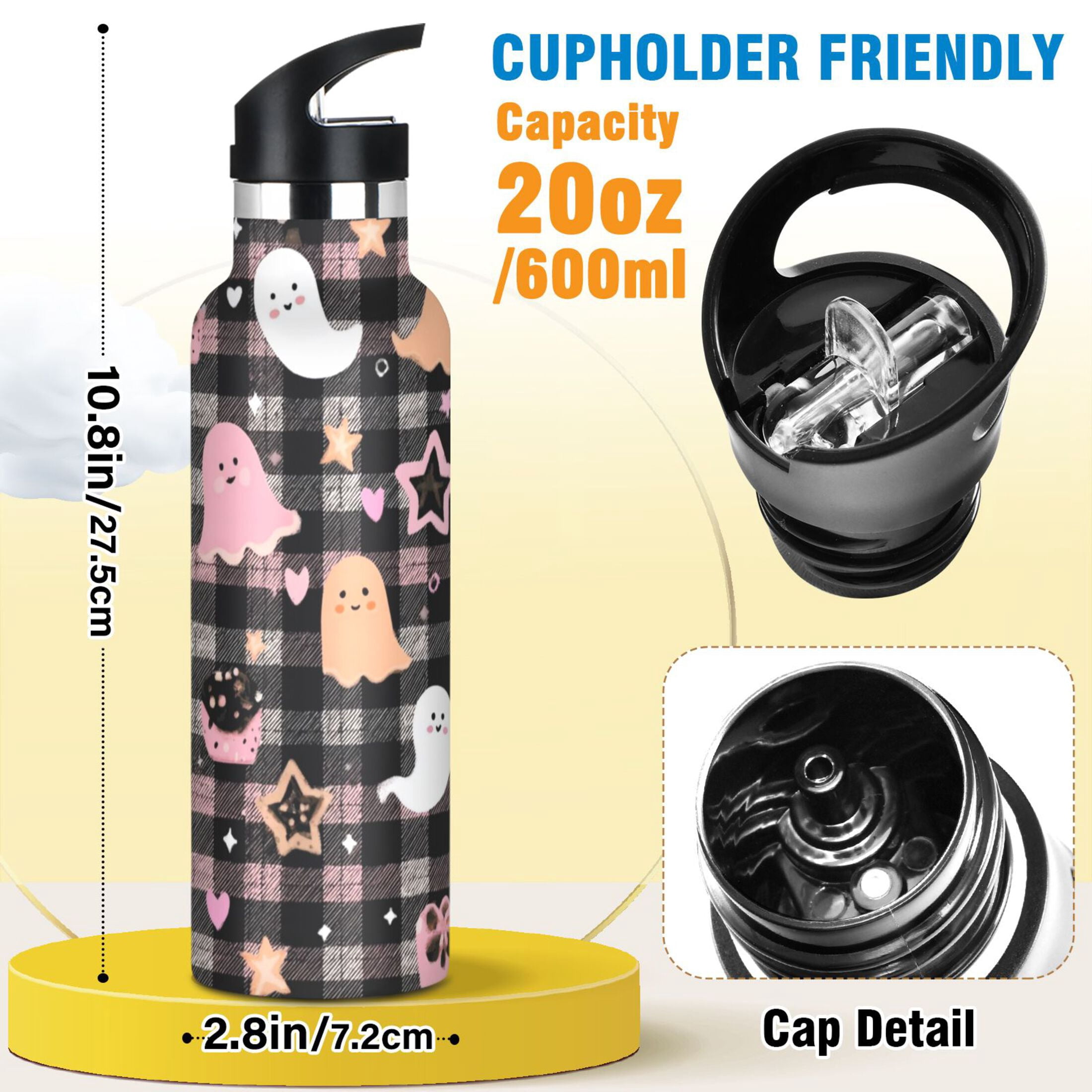Kids Insulated Stainless Steel Sports Water Bottle 600ml (20oz) Cute Pastel Ghost Pattern